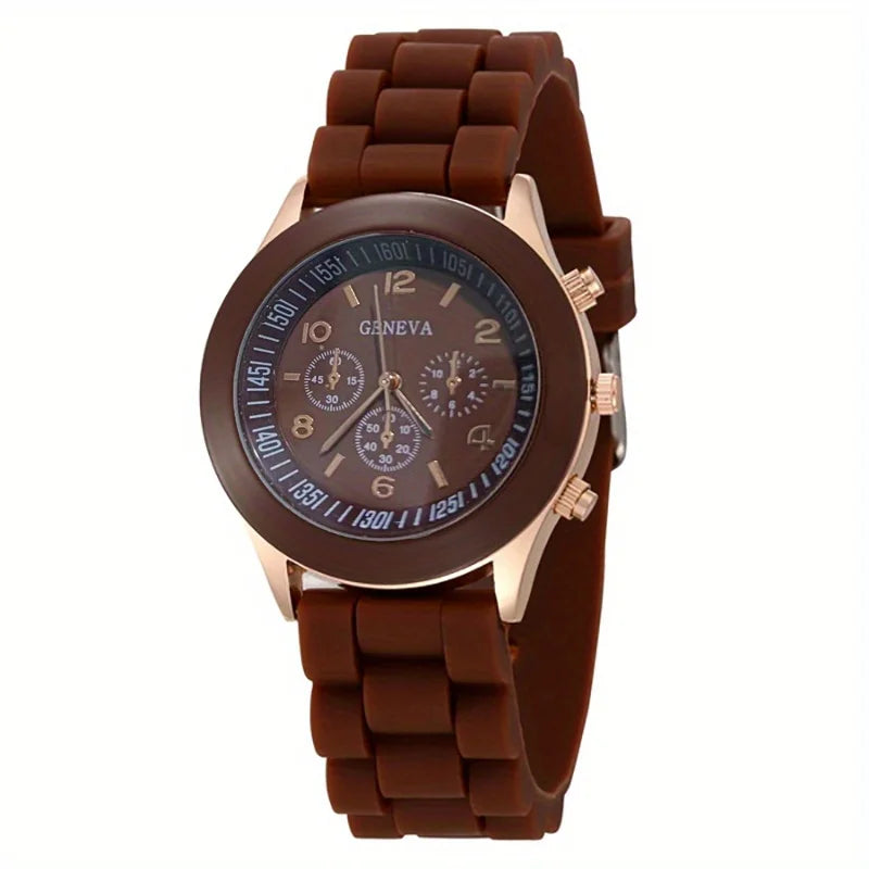 Watch Hot Sales Geneva Brand Silicone Women Watch Ladies Fashion Dress Quartz Wristwatch Female Watch montre relogio feminino Qme Brown