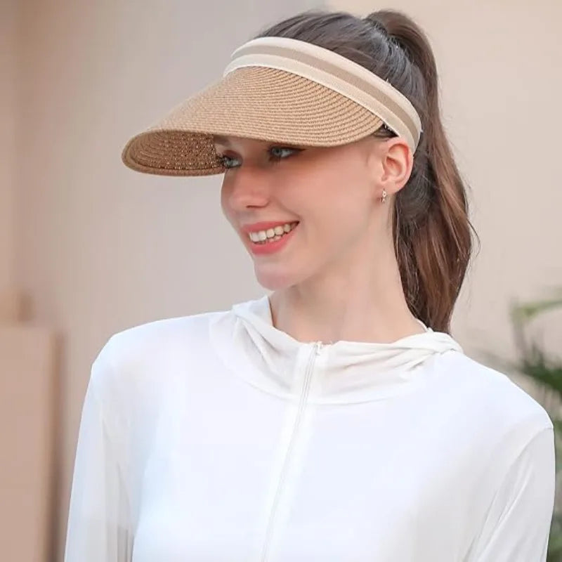 Womens Straw Sun Hat Wide Brim UV Protection Summer Beach Visor Qme