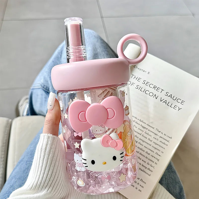 Hello Kitty Summer Girls' Plastic Cup Cute, Stylish Straw Cup Large-Capacity, Food-Grade, Portable Student Sports Water Bottle Qme 1 600ml