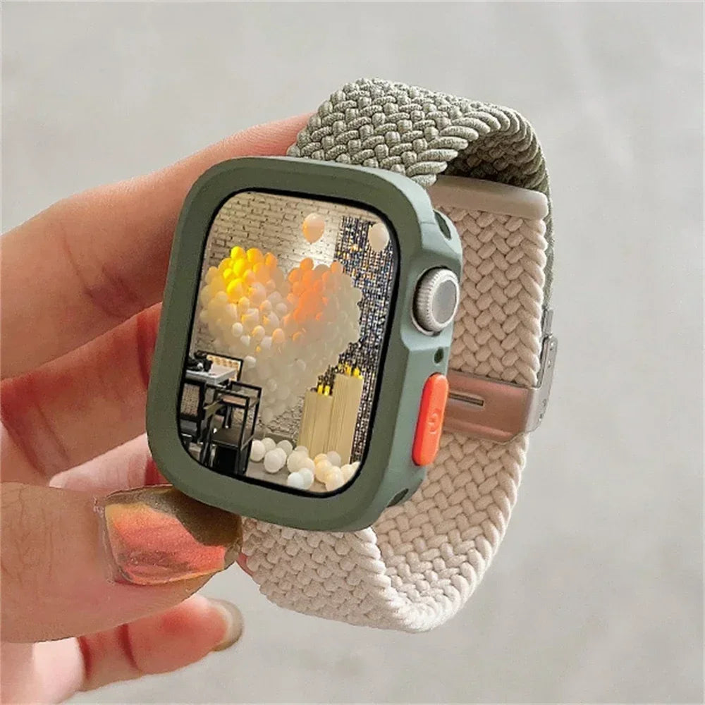 Candy Silicone Case+Strap For Apple Watch Series 9 8 7 45mm 41mm Band SE 6 5 4 44mm 40mm Nylon correa Strap iwatch Ultra 2 49mm Qme Starlight Green For Series 789 41mm