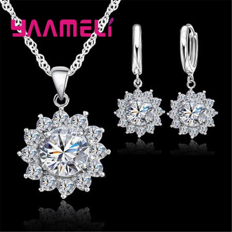 925 Sterling Silver Color Necklace Earrings Jewelry Set Sunflower Flower Shape For Women Females Wedding Party Shiny Gift Qme Default Title