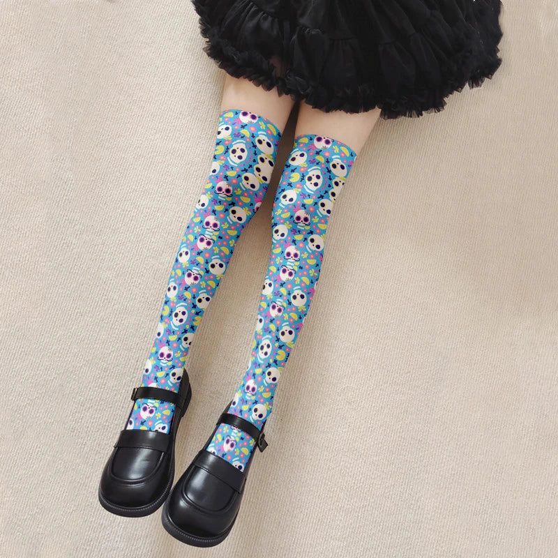 Fun Skull Pattern Women's Long Stockings Fashion Printing Trend Qme style7 One Size