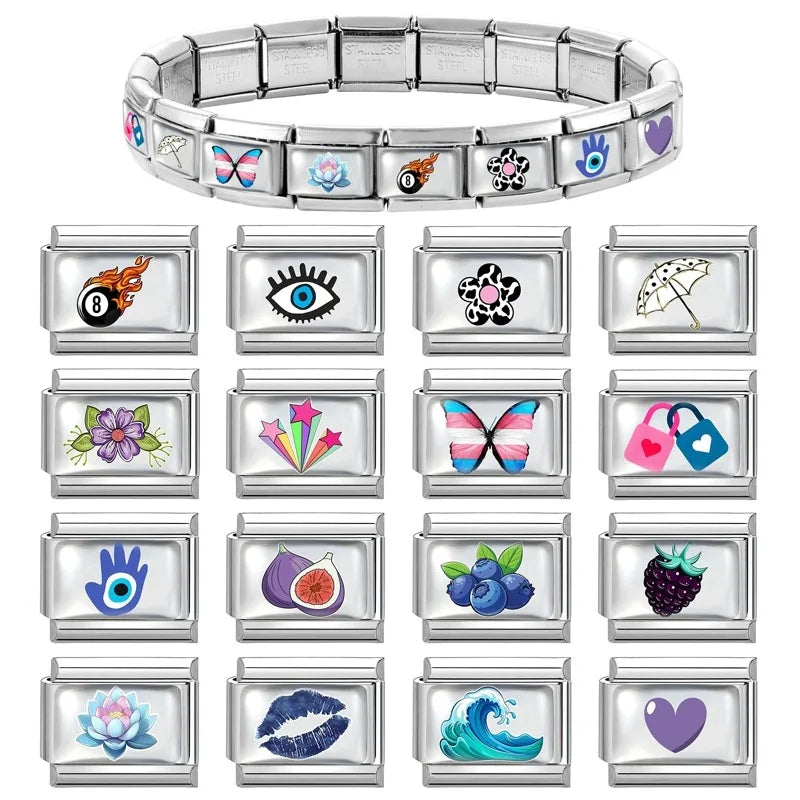 Hot Selling Heart Blue Series Butterfly Fruits Italian Charm Link Fit 9mm Stainless Steel Bracelet Making DIY Beads Jewelry Gift Qme