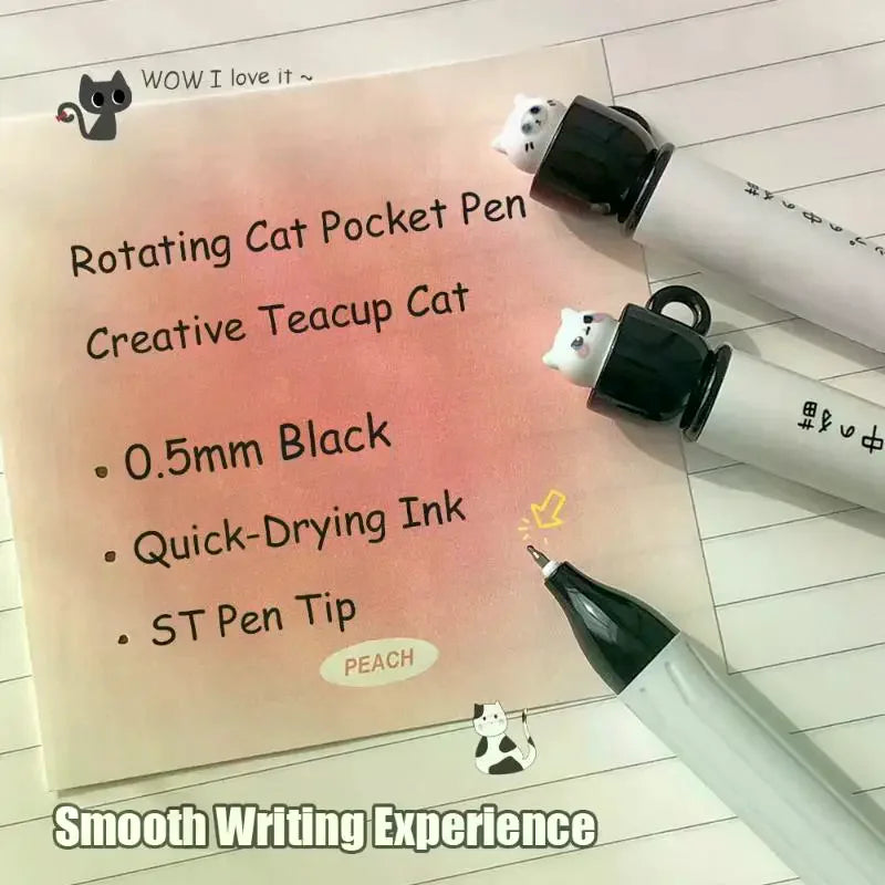 Cute Teacup Cat Gel Pens Fun Animal Quick Dry Pen Creative Rotating Qme