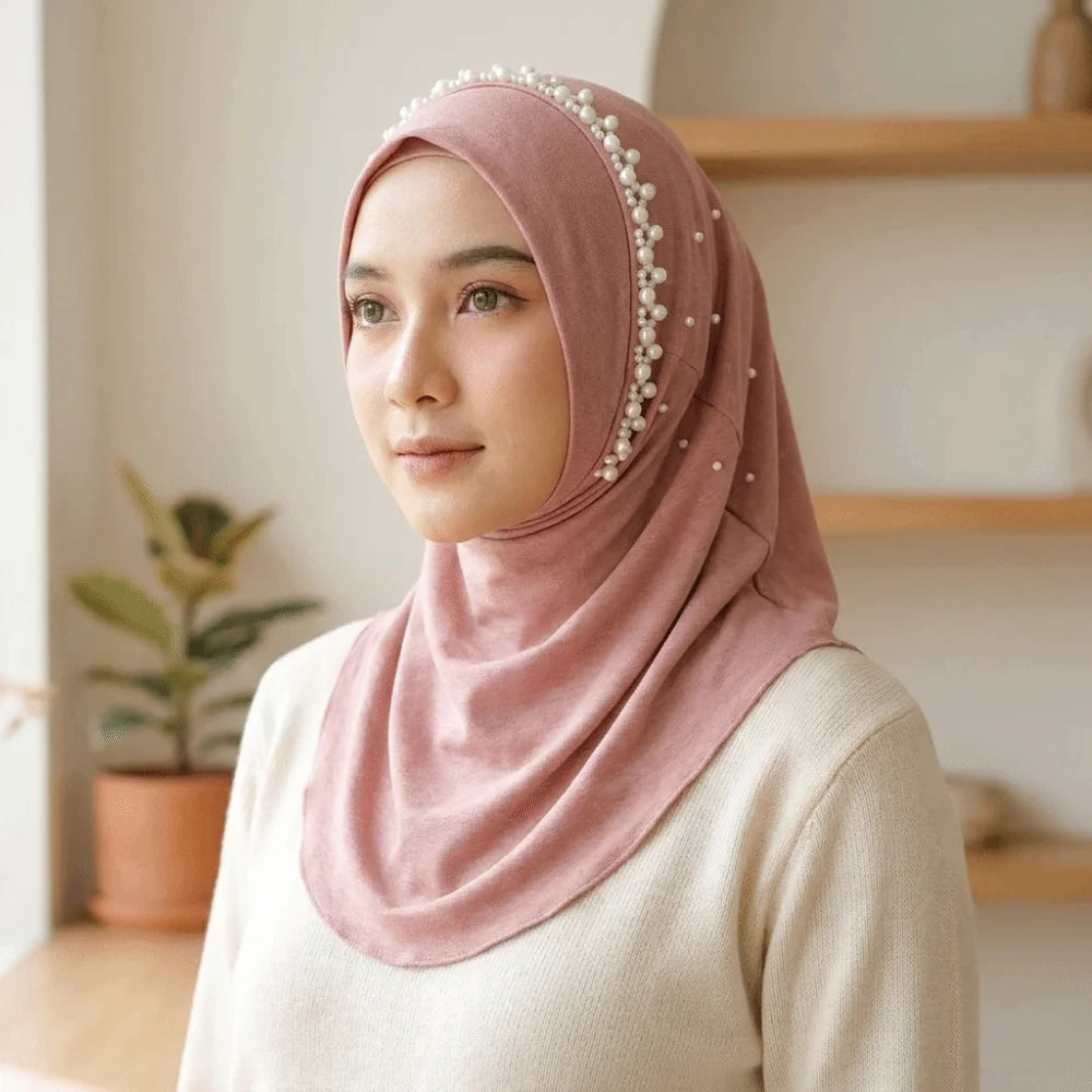 Cute Solid Color Beads Hijab Pull On Style Quick Drying Hijab Scarf Shawls Breathable Sun Protection Headscarf Summer Qme