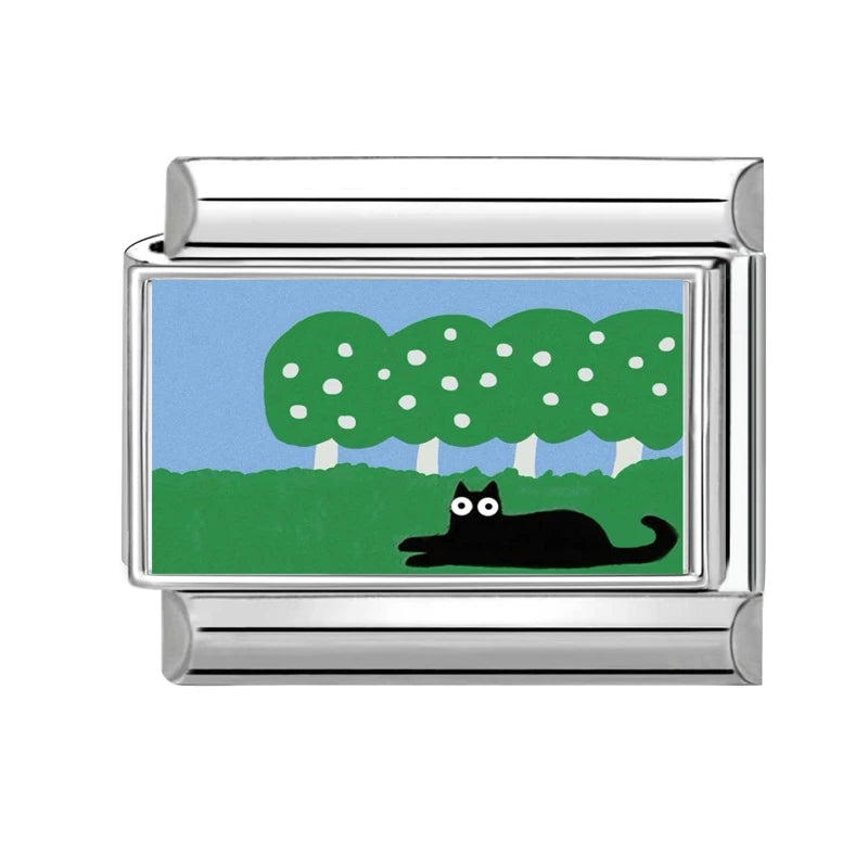 2026 Original Cute Cartoon Green Grass Tree Black Cats Italian Charm Links Fit 9mm Stainless Steel Bracelet Men Women DIY Making Qme Style 17