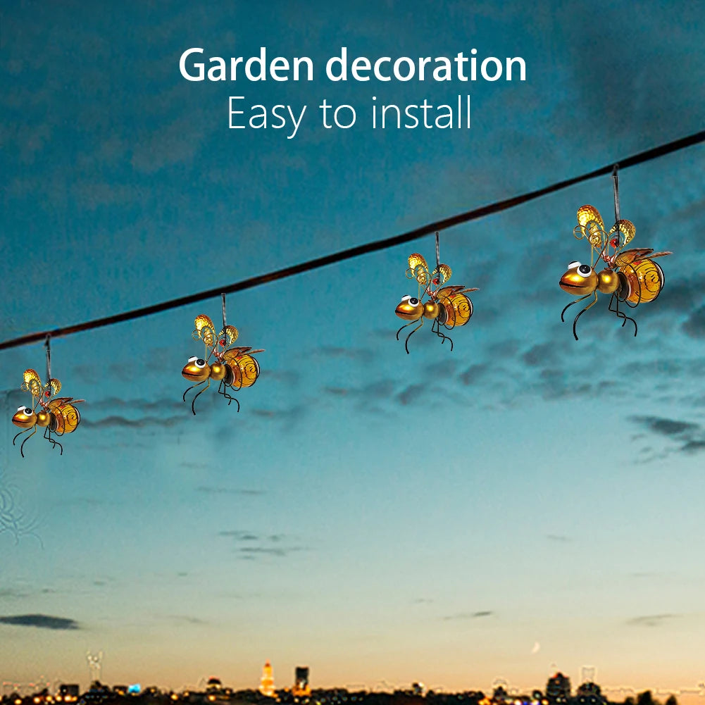 Solar-Powered Hanging Metal Bees Light Garden Decor Lady Sculpture with Bouncy Springs Summer Outdoor Art Decorations Qme