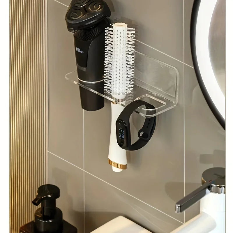 1pc Wall-Mounted Acrylic Hair Brush Holder – Clear Plastic Bathroom Organizer | No-Drill Vanity Storage Rack | Holds Combs Qme