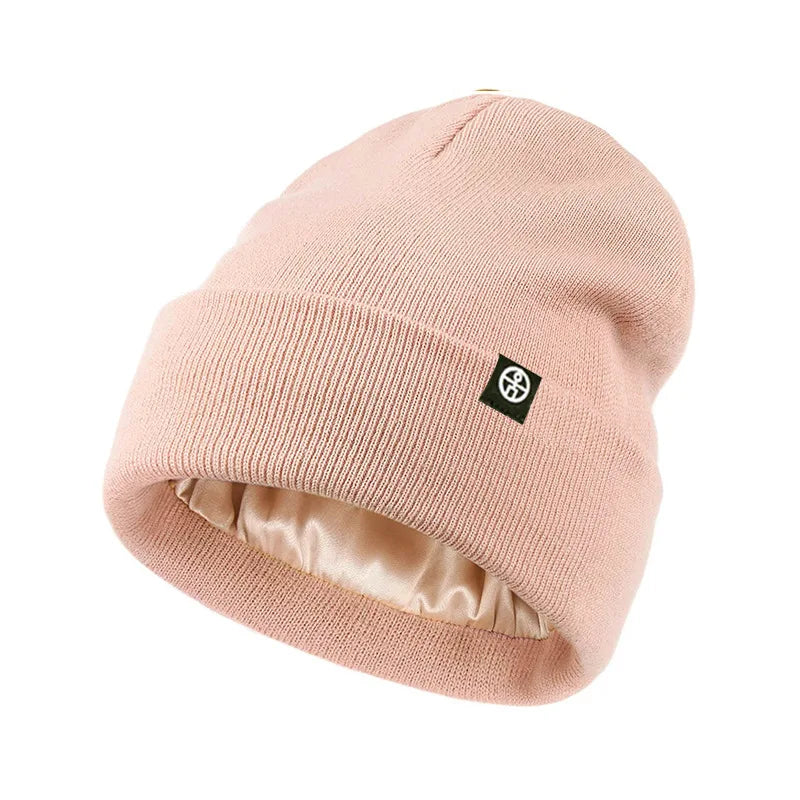 Caps Men Women Knitted Solid Silk Lined Hats Winter Outdoor Qme Beige One Size