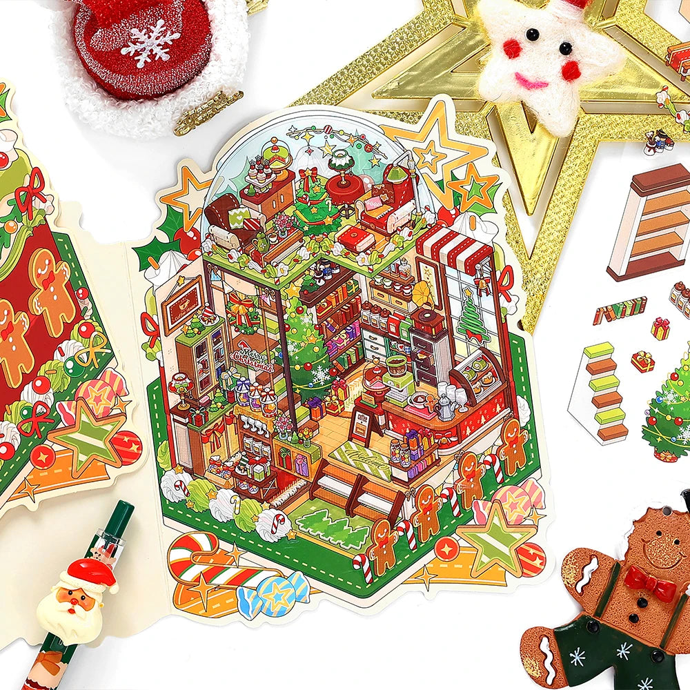 3sheets/bag Today's Business Series Happy Christmas Theme 2.5D PET White Card Diorama Stickers for Scrapbooking DIY Qme