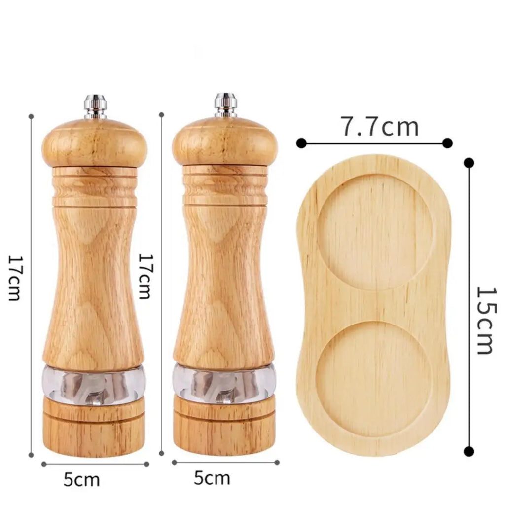 A 6 Inch Acrylic Pepper Mill Ceramic Core Grinder, Rubber Wood Double Hole Tray & Small Wood Spoon Spice Seasoning Set Qme 3pcs Grinding setA
