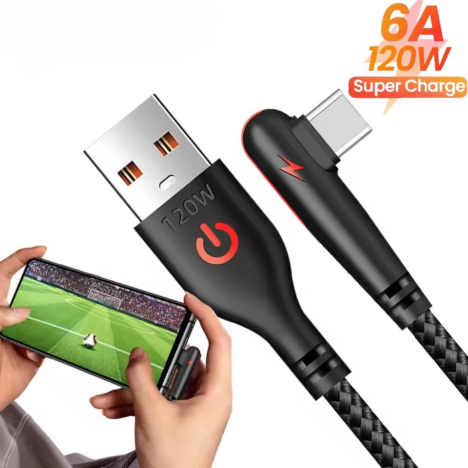 USB To Type C 6A 120W Fast Charge Cable PD Quick Charging Chargers Cord 0.25m/1m/1.5m/2m 90 Degree Elbow USB-C Braided Data Wire Qme