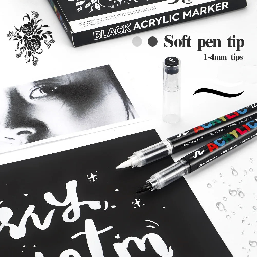 12Pcs Black/White Premium Highlight Acrylic Marker Pen, Quickly Dry, Waterproof, for Art Drawing DIY Crafts Making Art Supplies Qme