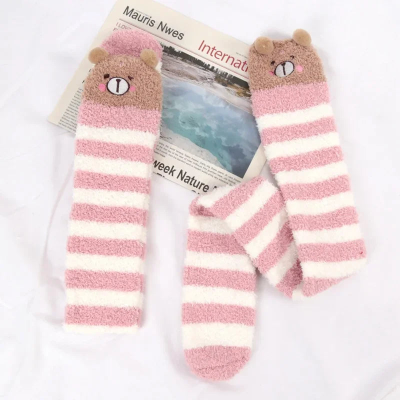 Women Lolita Cute High Socks Harajuku Winter Striped Coral Velvet Long Socks Warm Thicke Knee Length Socks Home Towel Stockings Qme