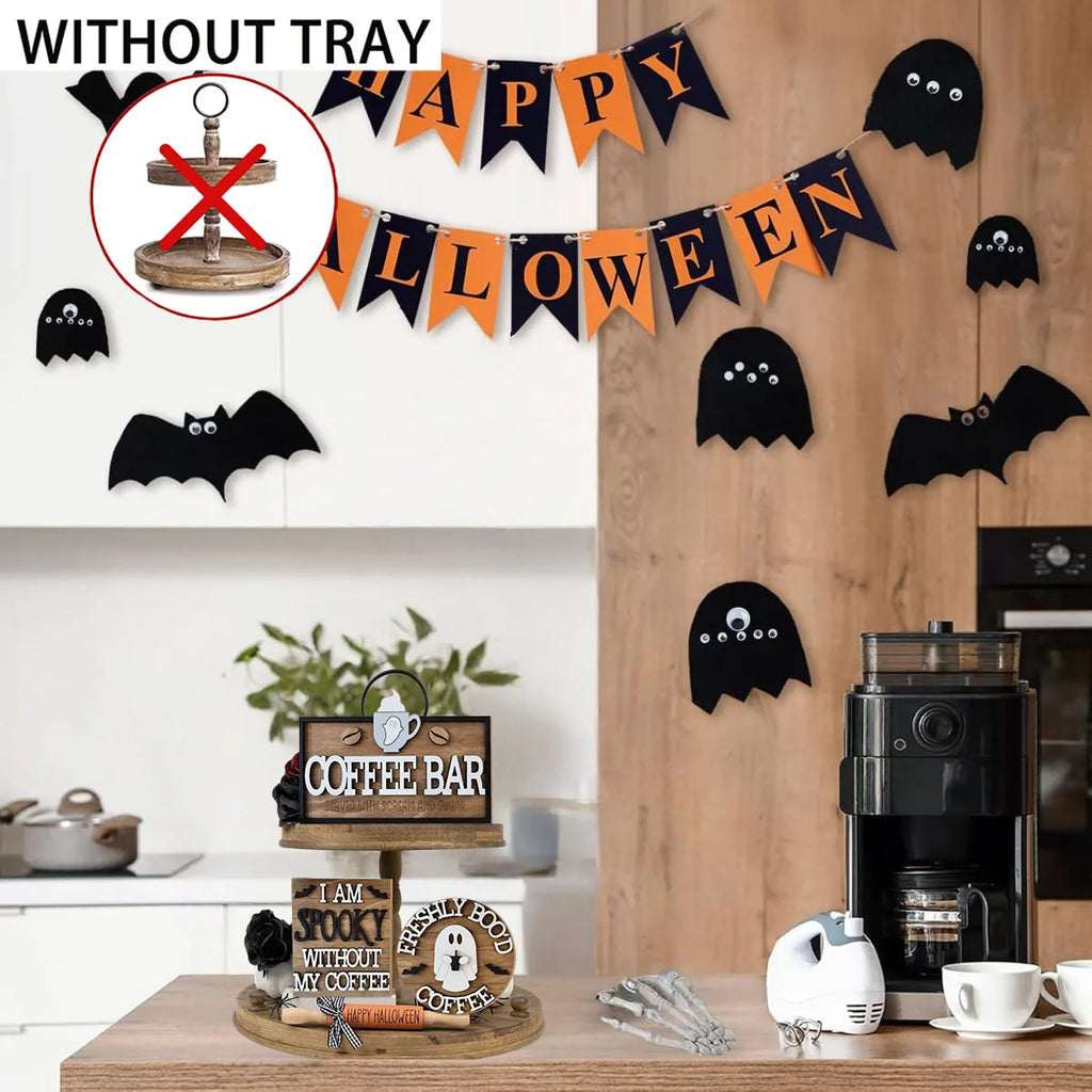 Halloween Wooden Coffee Theme Desktop Sign, No Tray, "Freshly Boo'd Coffee" Ghost Coffee Beans, Halloween Kitchen Home Decor Qme