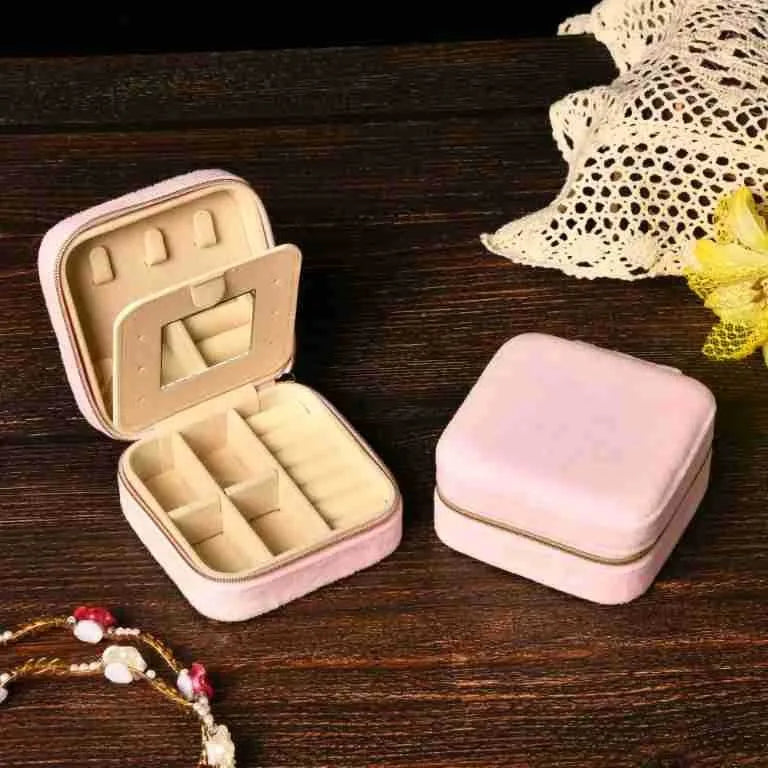 Velvet Jewelry Box For Women and Girls Necklace Ring Earrings Travel Portable Zipper Square Jewelry Storage Case with Mirror Qme Sakura Pink