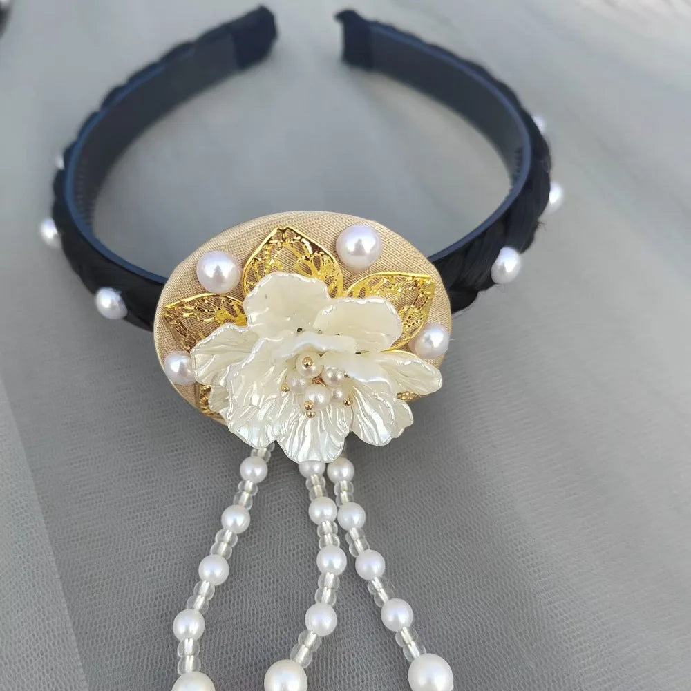 Fashion Flower Korean Headband Tassel Beaded Hanbok Hairband Pearl Qme Champagne
