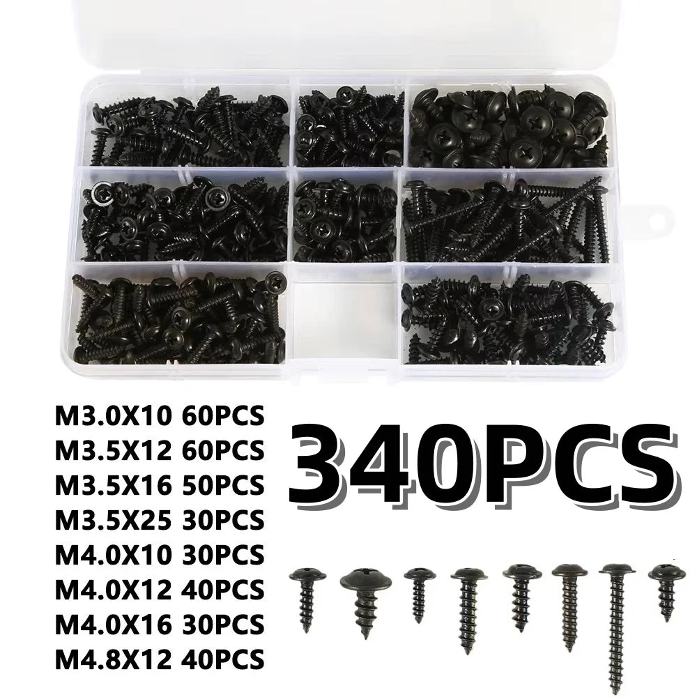 500/340/200PCS M3 Screw Cross Head M3/M4/M3.5/M4.8 Self Tapping Screw Black Carbon Steel Pan Head Round Head Screw Combination Qme Type2-340pcs