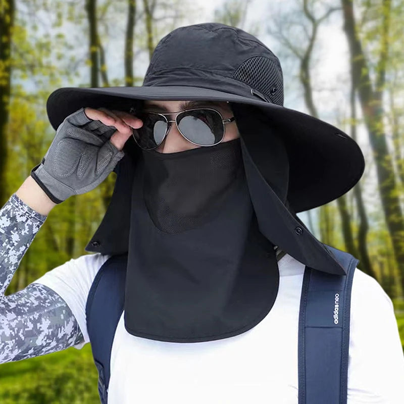 Fishing Hat Sun Shading Large Eaves Mountain Climbing Mask Breathable Qme Black