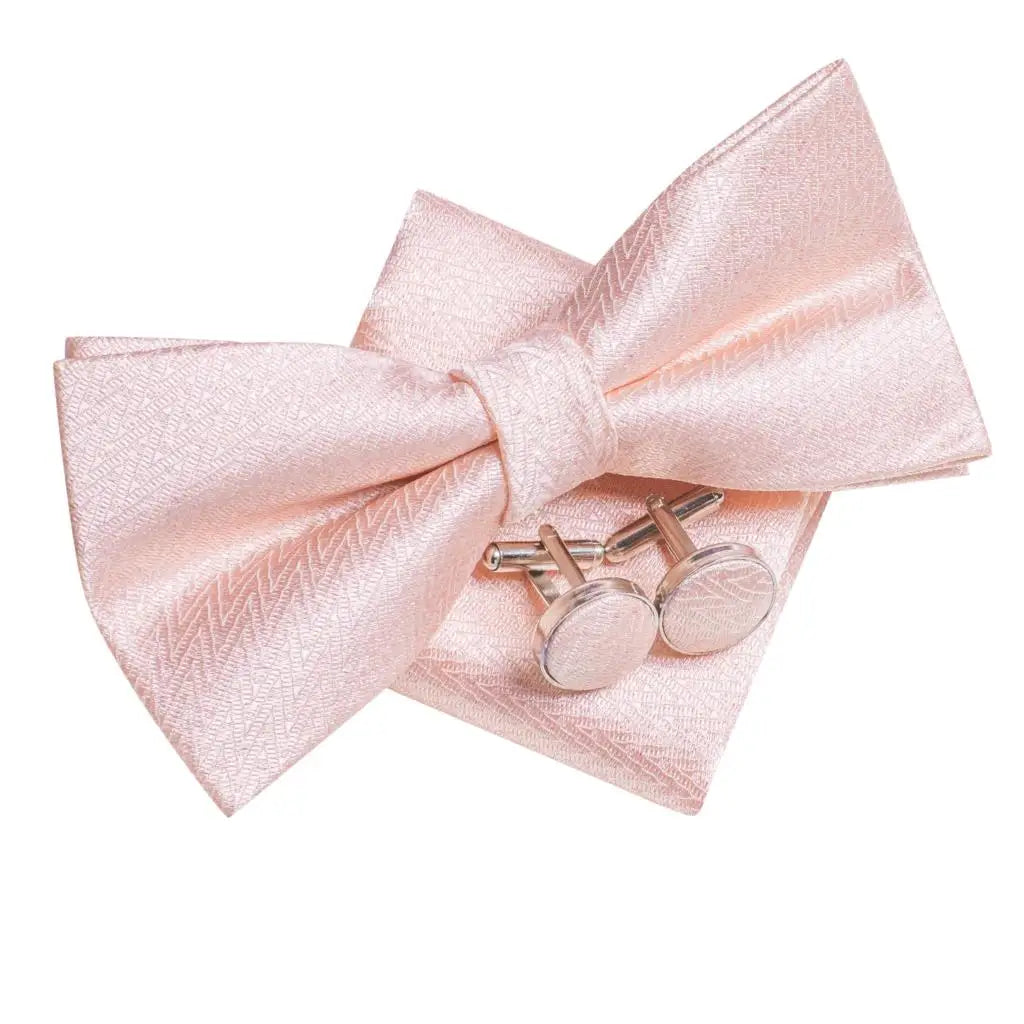 Peach Pink Salmon Rose Mens Bow Tie Pocket Square Cufflinks Pre-tied Qme
