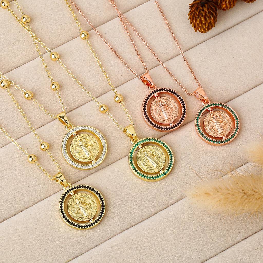 New Fashion Round Rotating St. Benedict Zirconia Pendant Necklace—Lucky for Women's Party Gold/Rose Gold Jewelry Amulet Gift Qme