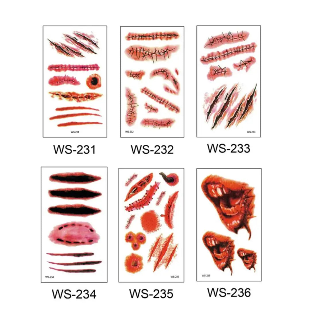A 6Pieces Horror Wound Temporary Tattoos Waterproof Realistic Blood Tattoo Injury Scar Tattoo Stickers for Face Qme WS-231-236