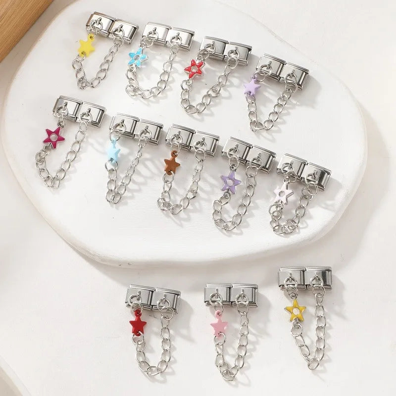 Wholesale Fashion Colour Stars Tassel Chain Module Italian Charm Bracelet Fit 9mm Hand Chain Stainless Steel DIY Jewelry Making Qme