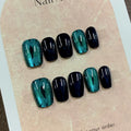 Dark Peacock Emerald Green Cat Eye Press Nails Short Square Flowers Qme GJ-CDJ-SP63-S