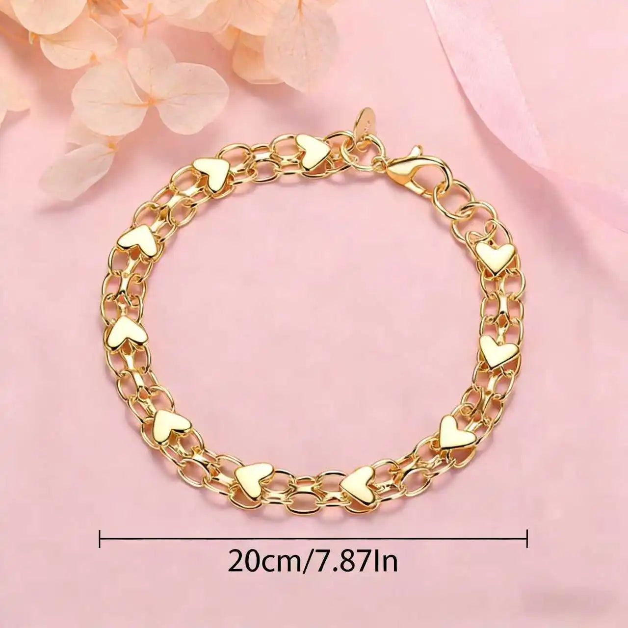 Original Design 925 Sterling Silver /18K gold color Heart Bracelet for Women lover Jewelry Wedding Party Valentine's Day Gifts Qme Gold 20cm 8inches