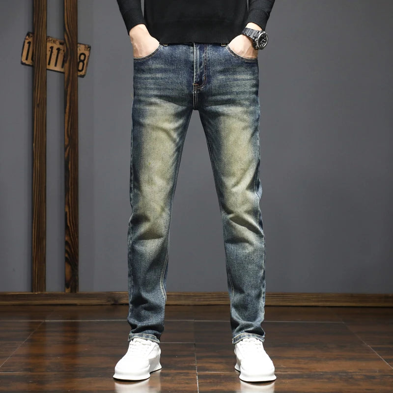 High-quality American retro jeans men's 2025 autumn new micro-elastic popular wear-resistant wash slim straight pants Qme