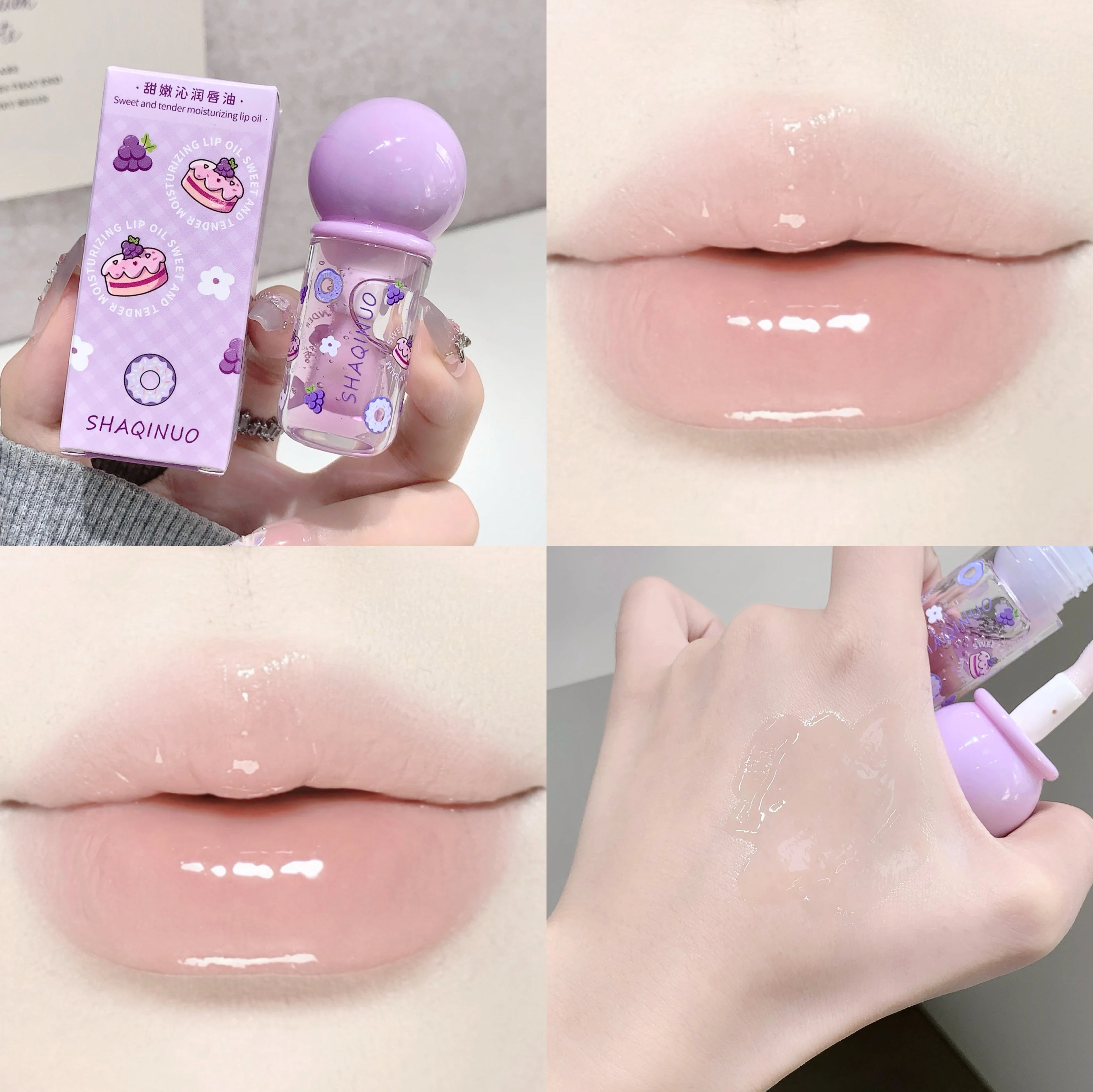 SHAQINUO Crystal Jelly Fruit Lip Oil Peach Grape Blueberry Hydrating Qme S9085-4