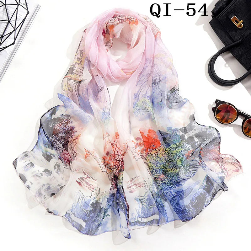Painting Lotus Beach Sun Protection Chiffon Georgette Scarf Women Foulard Scarf Shawls Female Long Wraps Beach Sunscreen Hijab Qme QI-54