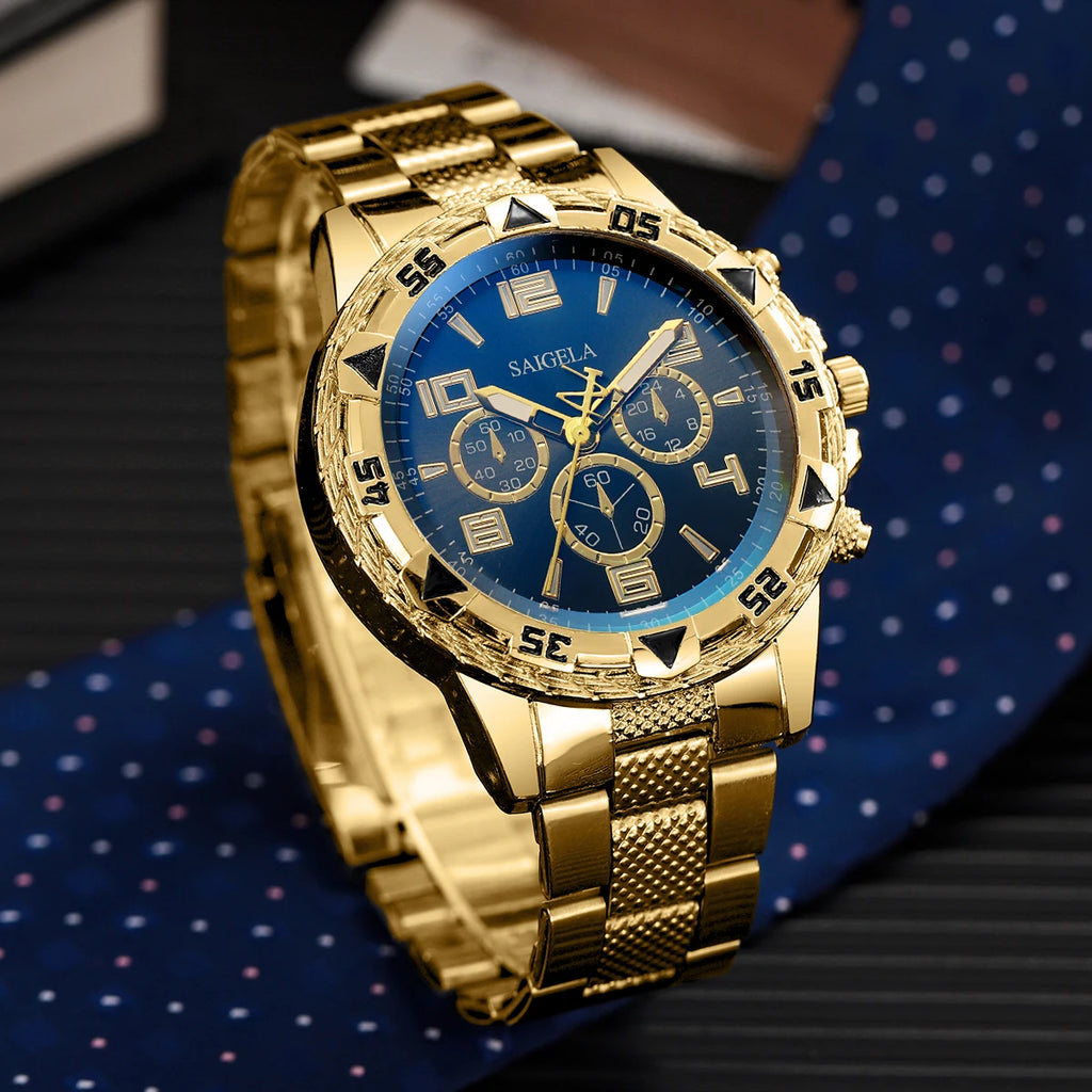 3PCS Blue light iridescent glass men's watch with steel strap, quartz watch, digital scale, fake three eyed watch Qme