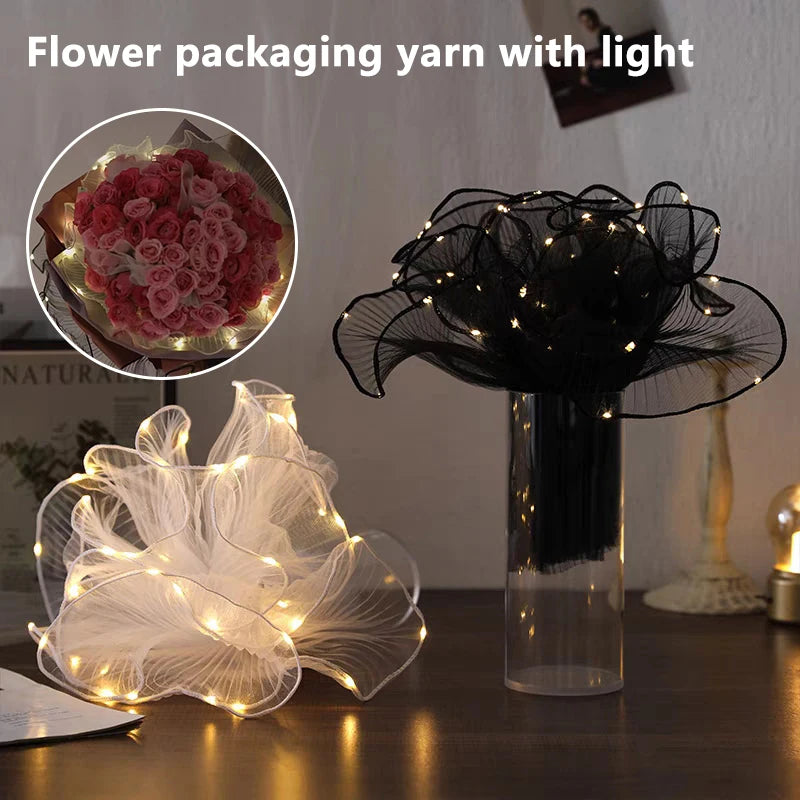 1Pcs LED Flower Wrapping Paper With Lights Lace Mesh Wave Yarn Florist Bouquet Packaging Decoration Wedding Birthday Gifts Qme