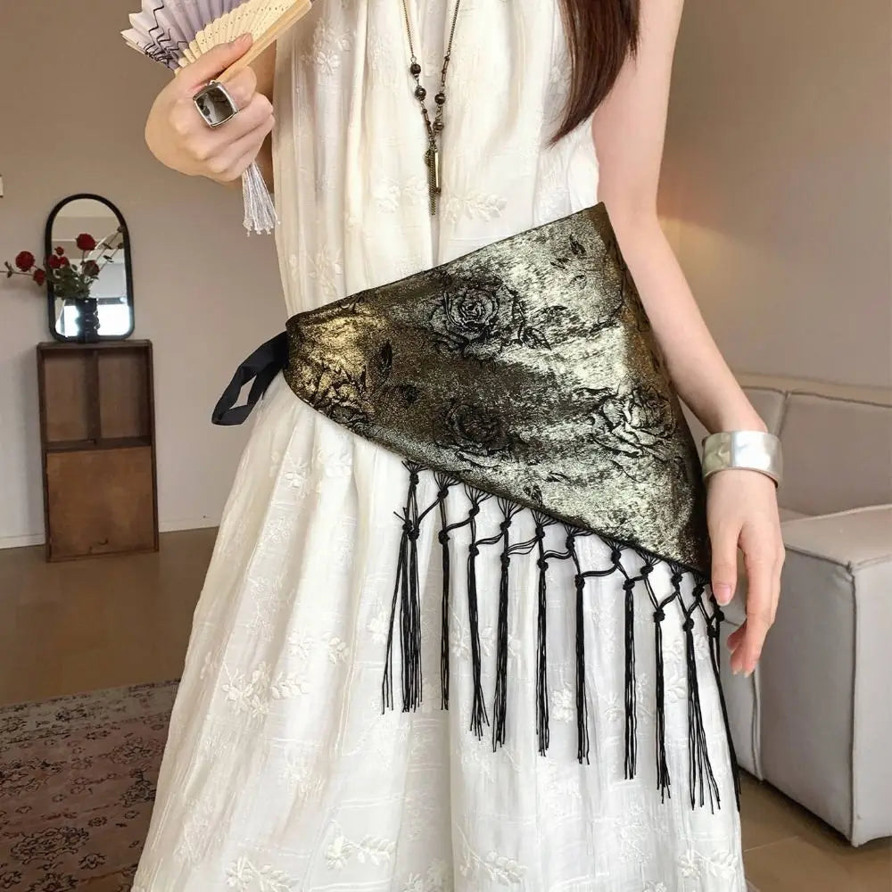 Chinese Style Triangular Waist Belt Tassel Printing Trim Butt Curtain Irregular Hem Ethnic Style Butt Curtain Skirt Jeans Decor Qme