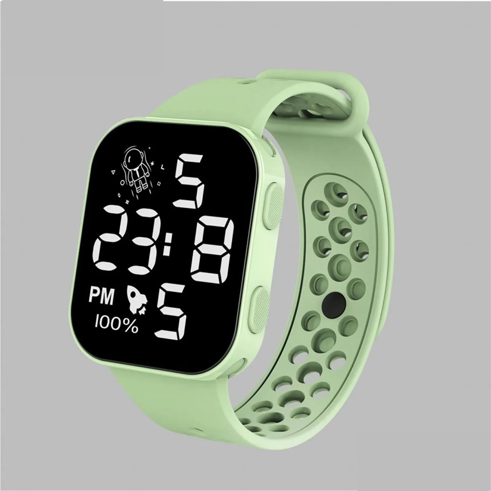 Children’s Solid Color Simple Fashion And Breathable Silicone Strap With Led Display Square Dial Calender Electronic Sport Watch Qme Mint Green