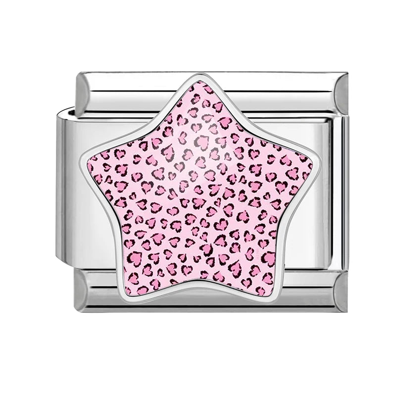 3D Inlay Stars Cute Zebra Stripe Stars Pink Blue Leopard Print Italian Charm Links Fit 9mm Stainless Steel Bracelet DIY Making Qme Style 20