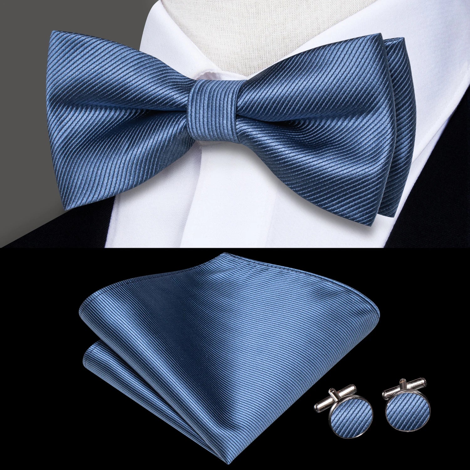 Hi-tie Silk Mens Striped Bow Tie Royal Blue Red Hanky Cufflinks