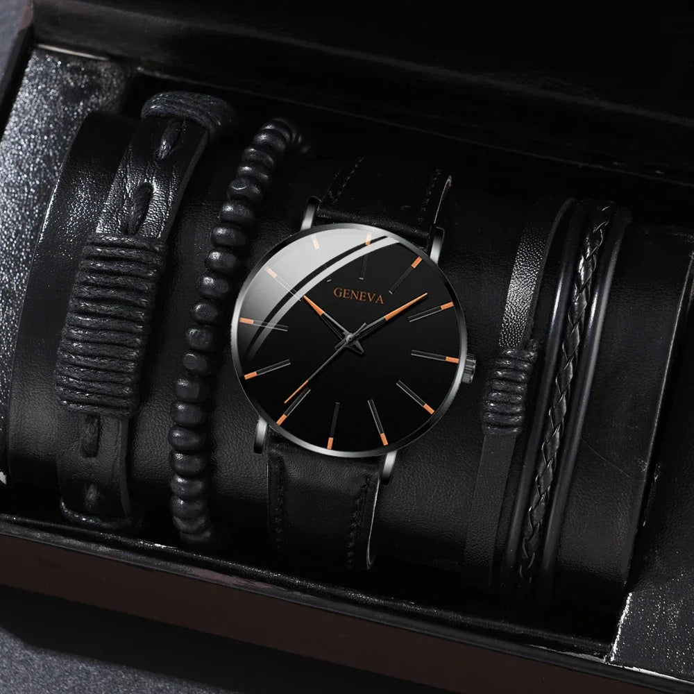 New Men's Watch Luxury Bracelet Set Multi Pieces Fashion Business Black Leather Quartz Watch Gift Box for Men Reno Masculino Qme E