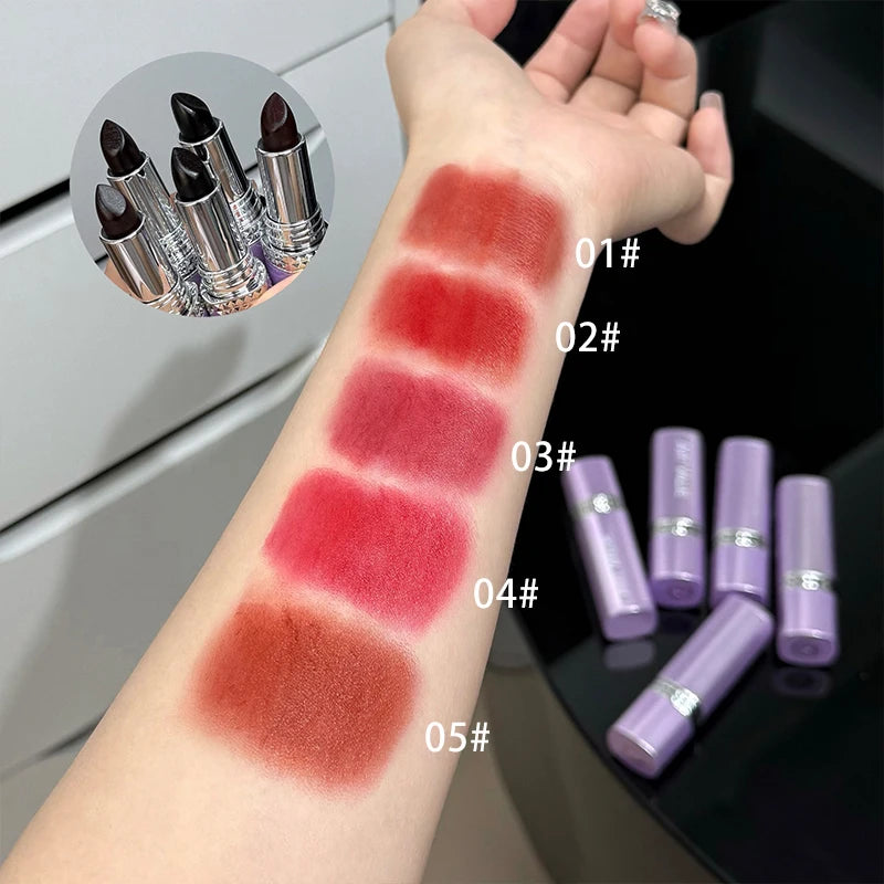 5 Colors Purple Bar Tube Black Lipstick Easy Coloring Matte Velvet Qme