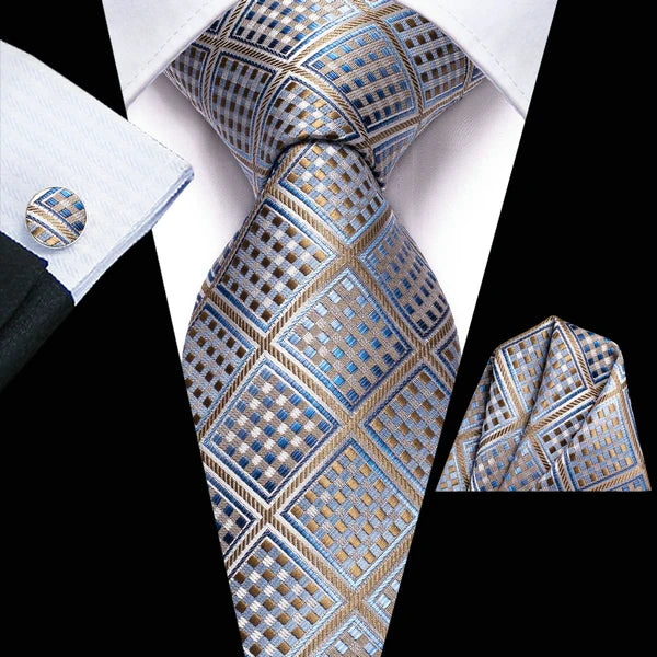 Complete Men's Tie Accessories Bundle: Classic Tie, Pocket Handkerchief, Cufflinks, Premium 3-in-1 Set for Office & Parties Qme DPTH-LDSN3446