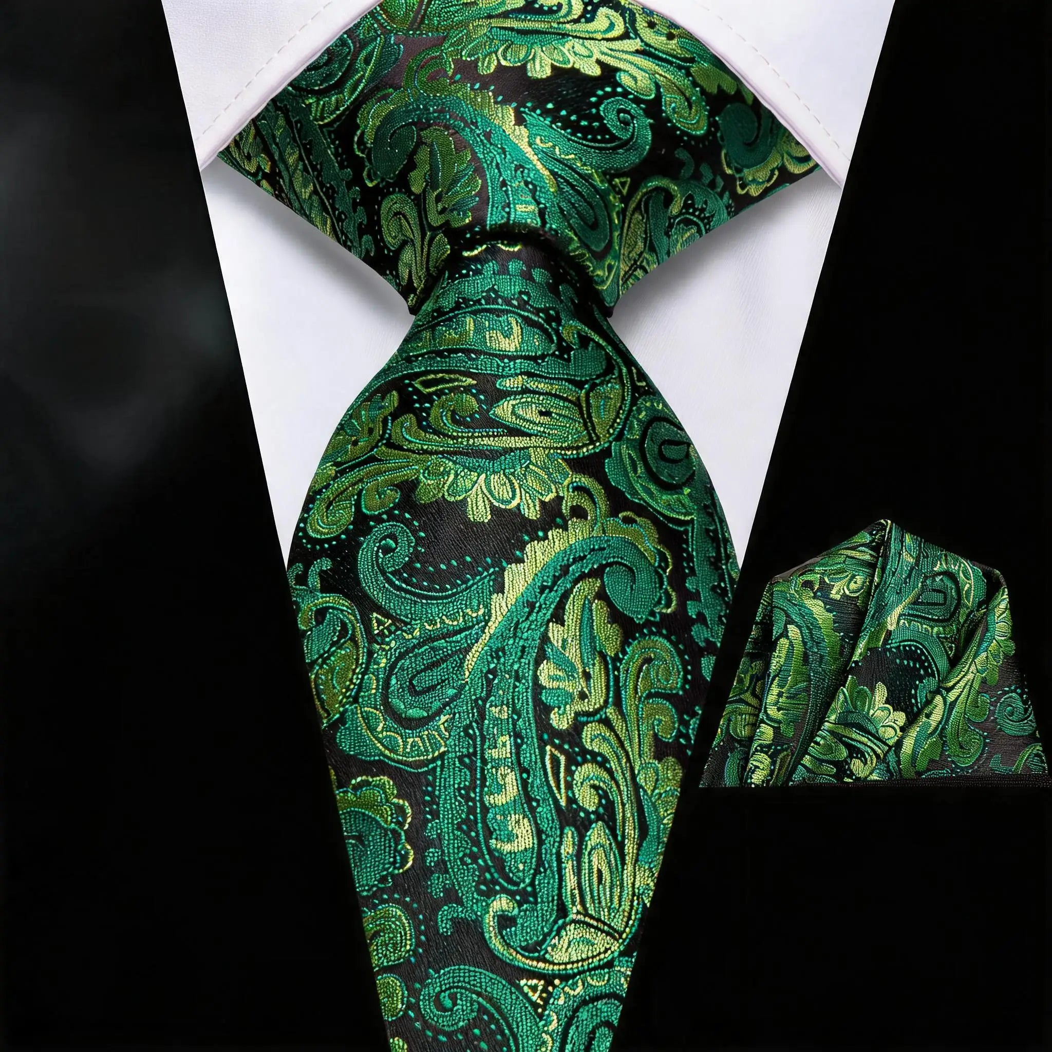 Men Formal Green Gold Pink Paisley Woven Necktie Pocket Square Party Qme HT-LDSN2002