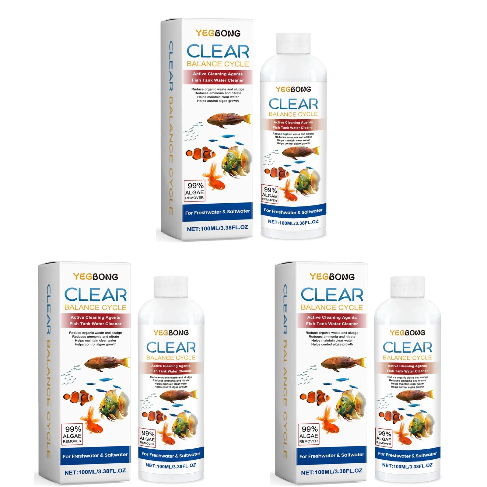 Fish Tank Water Clarifying Agent Quick Clean Stains and Sludge Control Algae Growth Water Purification Fish Tank Water Cleaner Qme 3 x 100ml Boxed