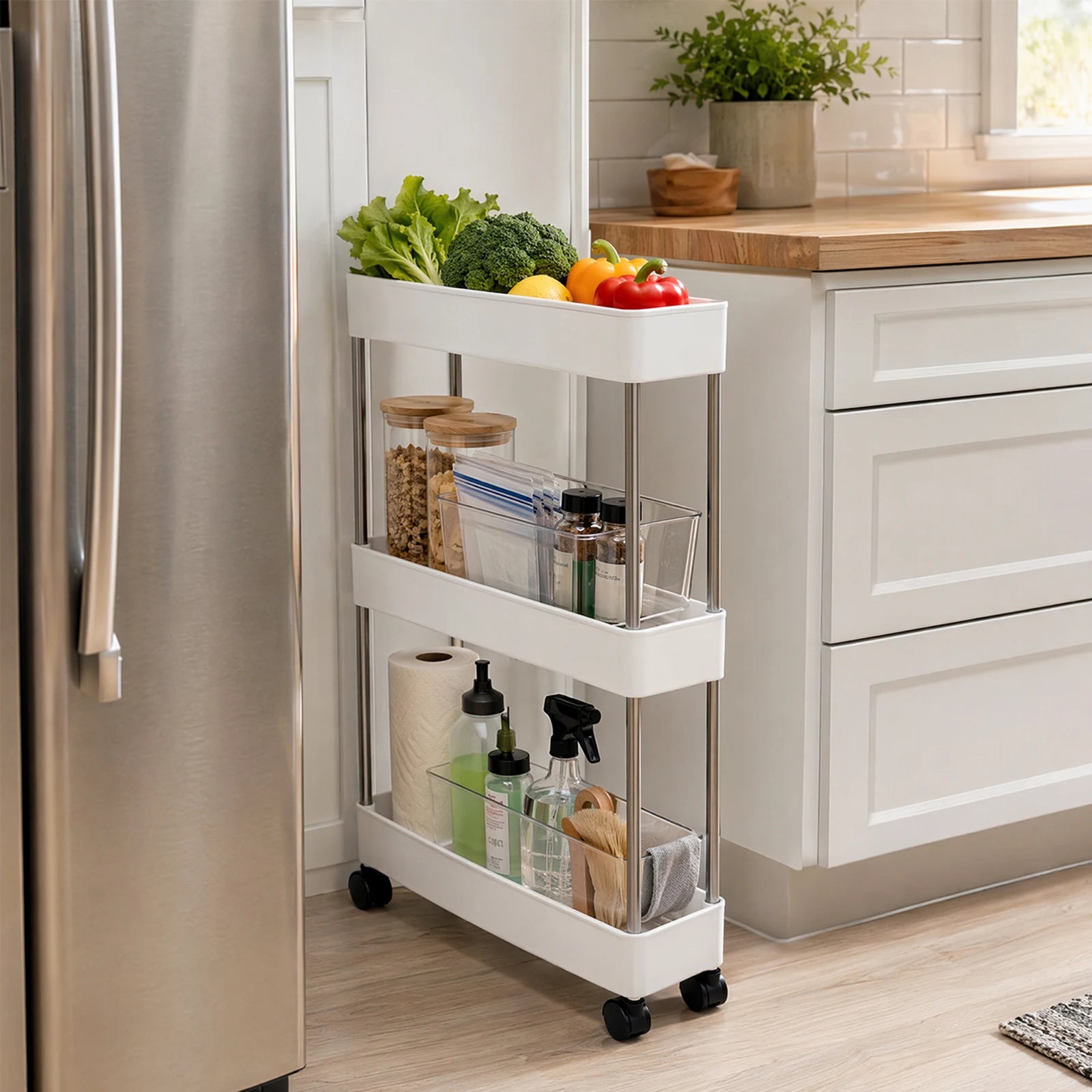 3-Tier Rolling Bathroom Storage Organizer Multi-Layer Plastic Trolley Rack for Kitchen Bathroom Laundry Room Narrow Places Qme