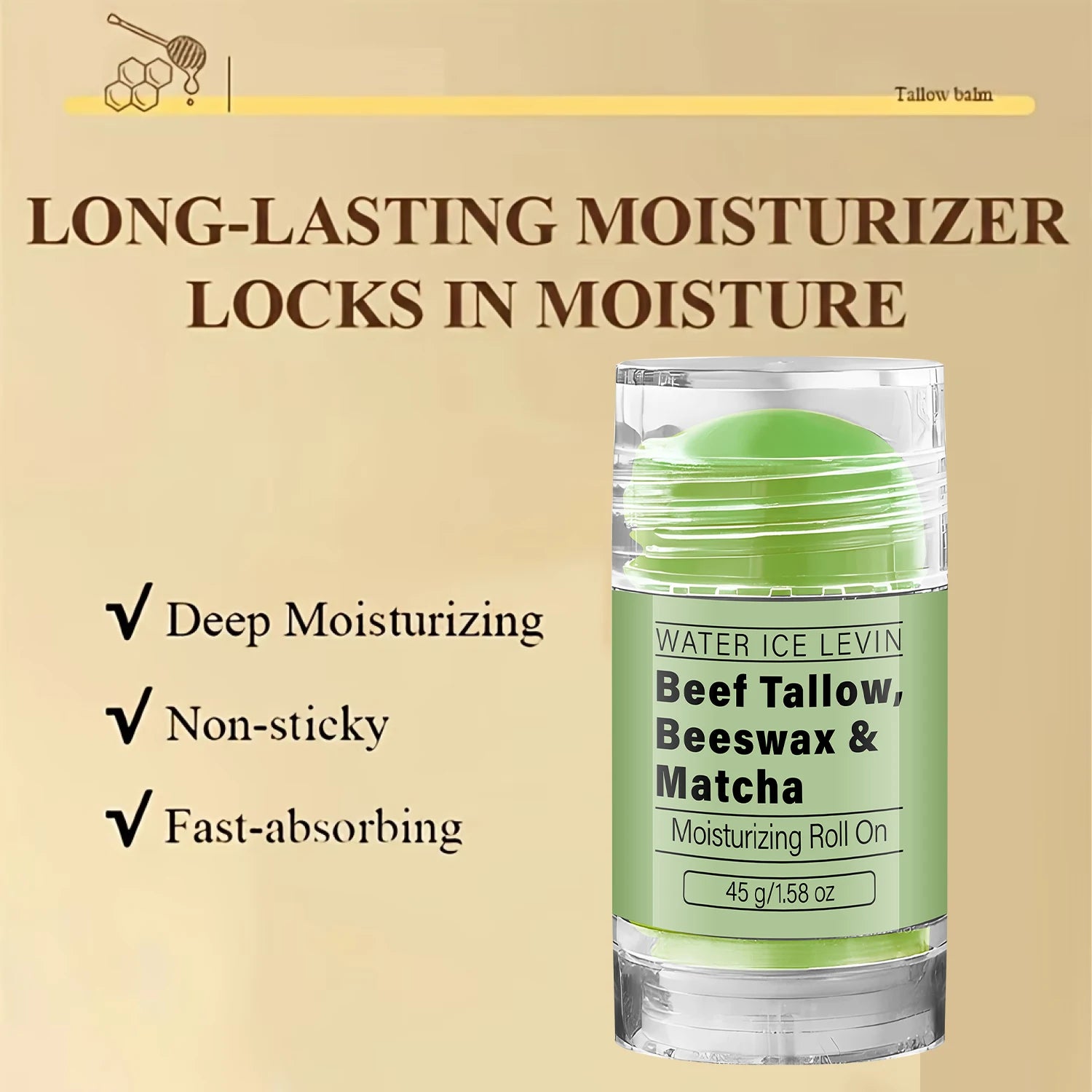 Collagen Infused Matcha Tallow Balm, Beef Tallow & Beeswax Moisturizing Roll On Treatment Qme