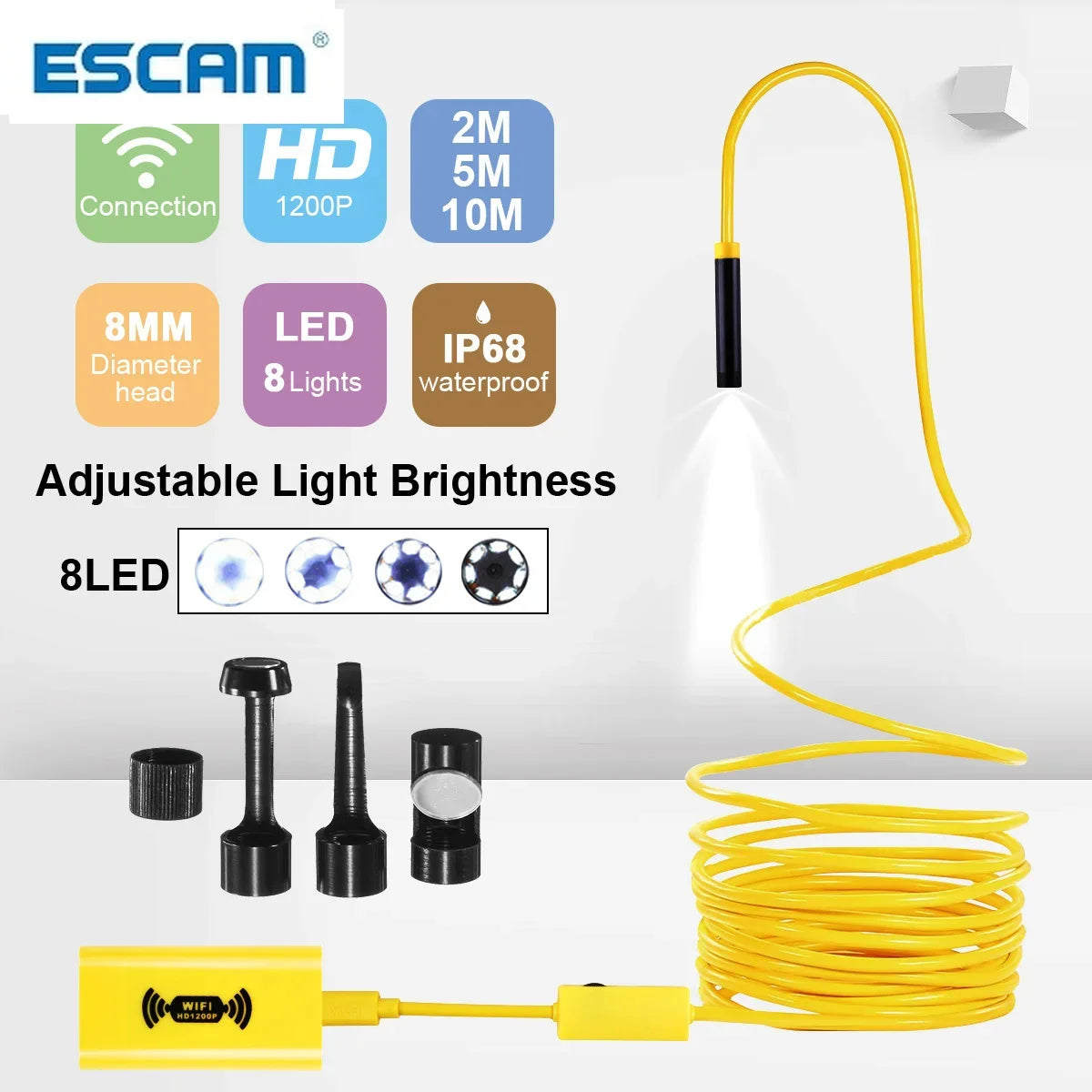 ESCAM 2/5/10M WIFI Endoscope Camera HD 1200P 8mm 8 LED Mini Waterproof Hard Cable Inspection Camera Borescope for Iphone PC IOS Qme 10M