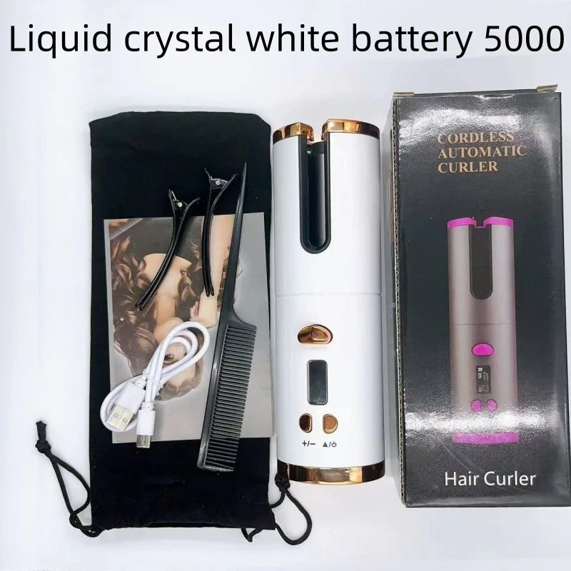 Automatic Hair Curler Wireless With Heat Timer Modes Rechargeable Portabl Fast Heating Styler For Perfect Curls Every Time Qme White battery 5000
