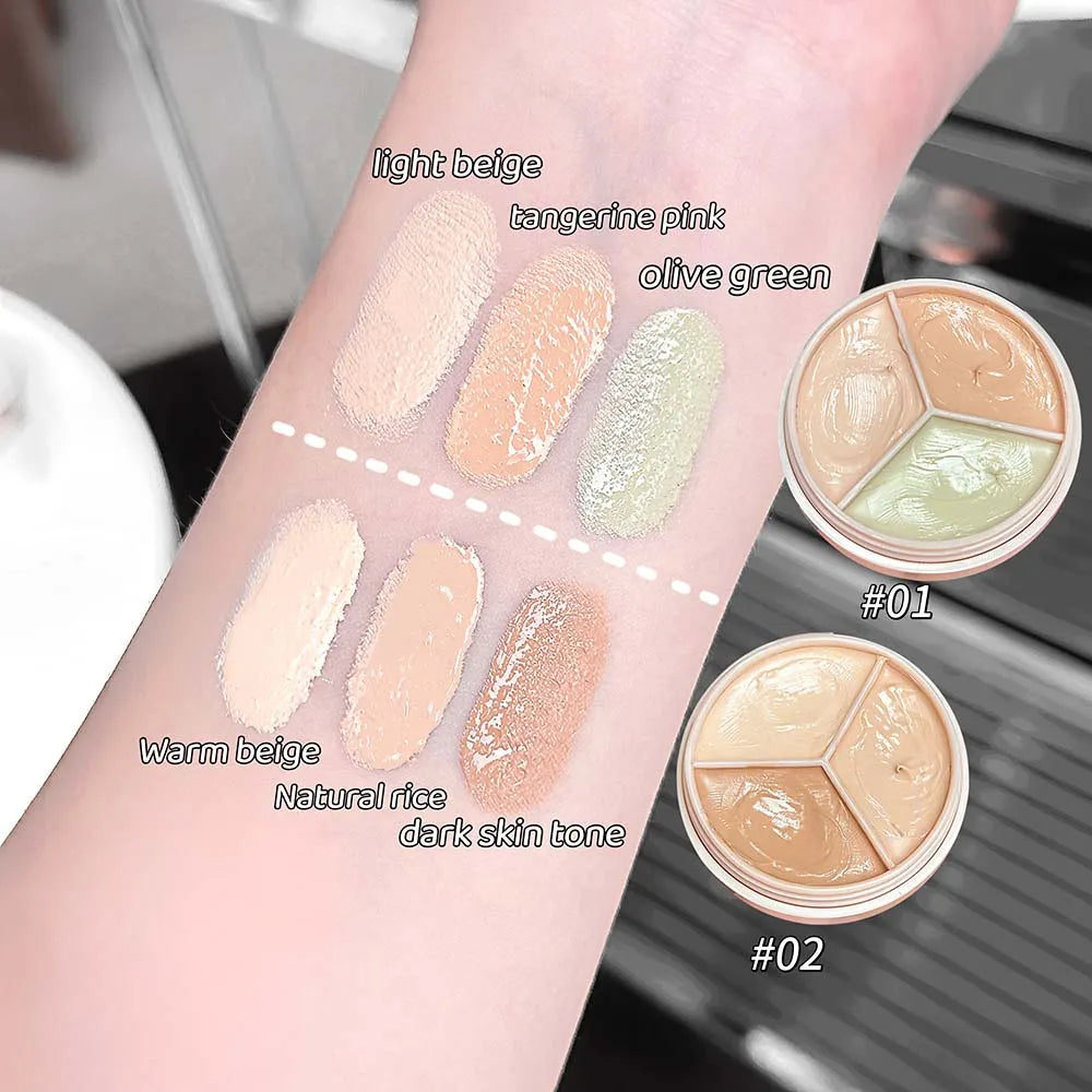 Olive Green 3-Color Concealer Palette Full Coverage Dark Circles Fine Lines Redness Cream Matte Brightening Under-Eye Makeup Qme