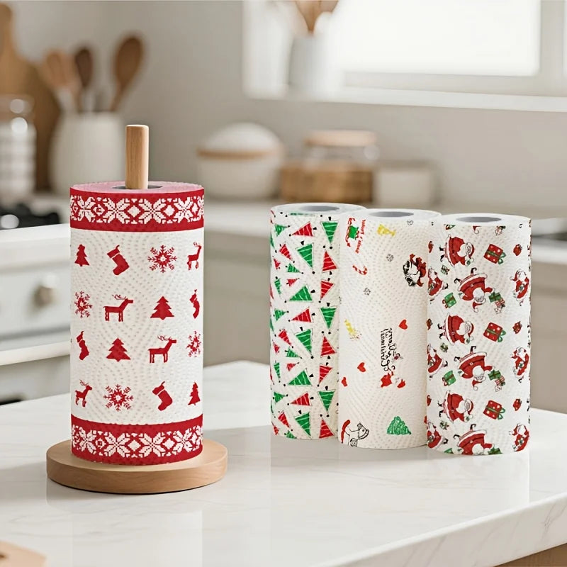 1 roll of Christmas kitchen paper Thickened three-layer roll paper, disposable kitchen cleaning wet and dry household - lazy rag Qme