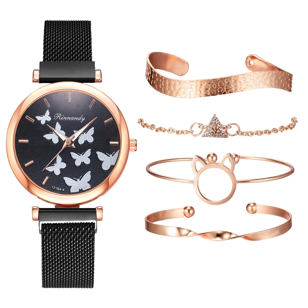 5PCS Bracelet Watches Set Fashion Women Rose Gold Mesh Belt Wristwatches Quartz Watch for Women Business Clock Relogio Feminino Qme H2-BK-RG